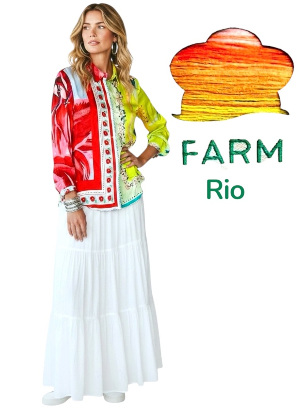 FARM Rio Blouse Scarf Patchwork Colorblock Satin Button Up Long Sleeve Shirt M